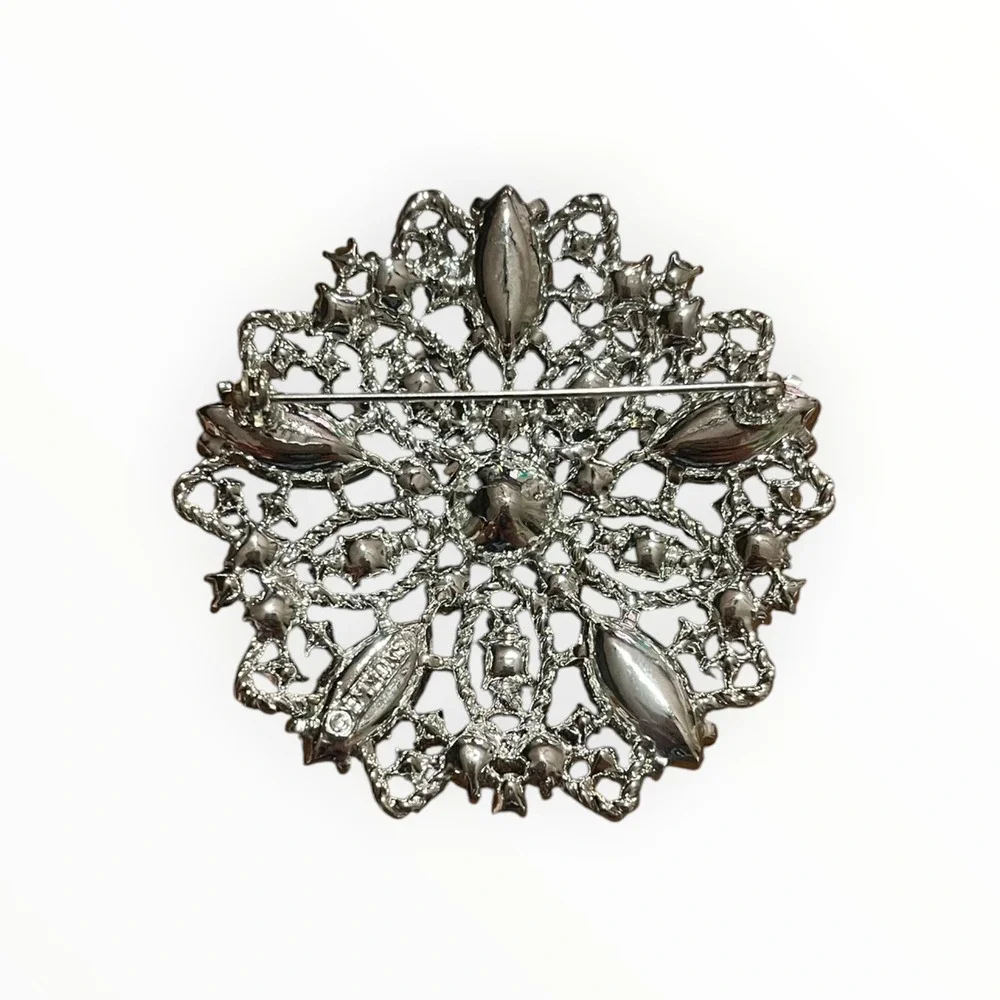 Vintage Emmons Silver Tone Aurora Borealis Black Rhinestone Filigree Brooch